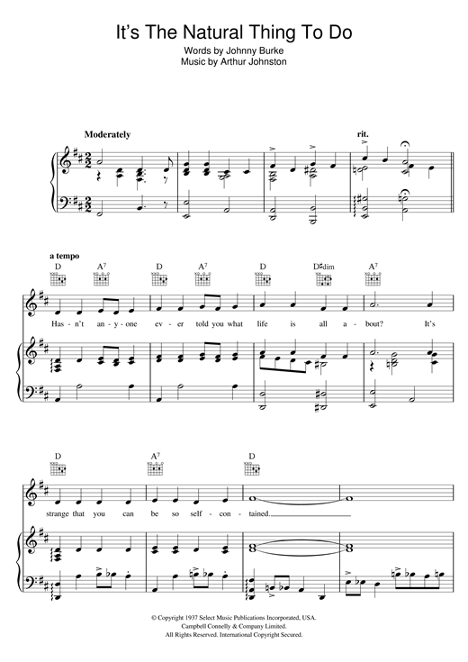Preview Bing Crosby It's The Natural Thing To Do Easy Listening sheet music, notes and chords for Piano, Vocal & Guitar (Right-Hand Melody), SKU: 121058 sheet music, piano notes, chords, guitar tabs, score, transpose, transcribe, how to play, guide, download, learn, tutorial, progression, song, artist, awards, billboard, mtv, vh1, tour, single, album, release