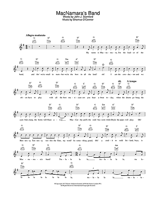Preview Bing Crosby MacNamara's Band Easy Listening sheet music, notes and chords for Melody Line, Lyrics & Chords, SKU: 25415 Download Bing Crosby MacNamara's Band sheet music and printable PDF score & Easy Listening music notes