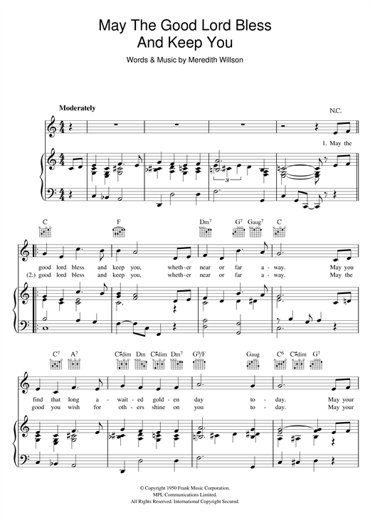 Preview Bing Crosby May The Good Lord Bless and Keep You Easy Listening sheet music, notes and chords for Piano, Vocal & Guitar (Right-Hand Melody), SKU: 121204 sheet music, piano notes, chords, guitar tabs, score, transpose, transcribe, how to play, guide, download, learn, tutorial, progression, song, artist, awards, billboard, mtv, vh1, tour, single, album, release