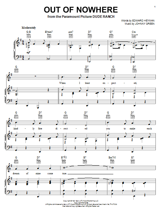 Preview Bing Crosby Out Of Nowhere Jazz sheet music, notes and chords for Piano, Vocal & Guitar (Right-Hand Melody), SKU: 18302 sheet music, piano notes, chords, guitar tabs, score, transpose, transcribe, how to play, guide, download, learn, tutorial, progression, song, artist, awards, billboard, mtv, vh1, tour, single, album, release