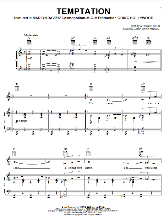 Preview Bing Crosby Temptation Jazz sheet music, notes and chords for Piano, Vocal & Guitar (Right-Hand Melody), SKU: 24995 Download Bing Crosby Temptation sheet music and printable PDF score & Jazz music notes