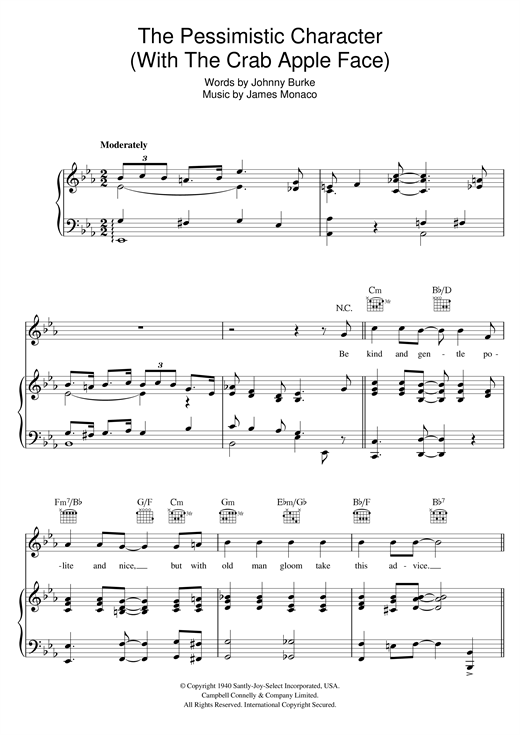 Preview Bing Crosby The Pessimistic Character (With The Crab Apple Face) Easy Listening sheet music, notes and chords for Piano, Vocal & Guitar (Right-Hand Melody), SKU: 121182 sheet music, piano notes, chords, guitar tabs, score, transpose, transcribe, how to play, guide, download, learn, tutorial, progression, song, artist, awards, billboard, mtv, vh1, tour, single, album, release