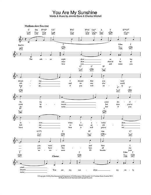Preview Bing Crosby You Are My Sunshine Easy Listening sheet music, notes and chords for Melody Line, Lyrics & Chords, SKU: 25412 Download Bing Crosby You Are My Sunshine sheet music and printable PDF score & Easy Listening music notes