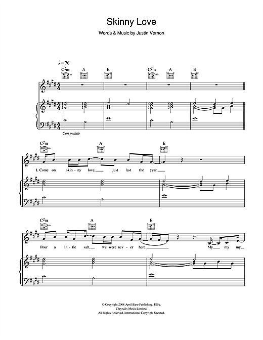 Preview Birdy Skinny Love Folk sheet music, notes and chords for Beginner Piano, SKU: 114338 sheet music, piano notes, chords, guitar tabs, score, transpose, transcribe, how to play, guide, download, learn, tutorial, progression, song, artist, awards, billboard, mtv, vh1, tour, single, album, release