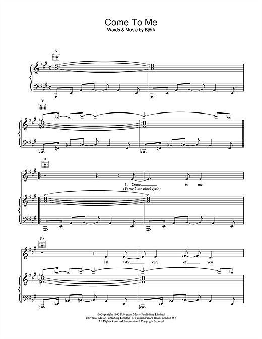Preview Bjork Come To Me Dance sheet music, notes and chords for Piano, Vocal & Guitar, SKU: 18425 sheet music, piano notes, chords, guitar tabs, score, transpose, transcribe, how to play, guide, download, learn, tutorial, progression, song, artist, awards, billboard, mtv, vh1, tour, single, album, release