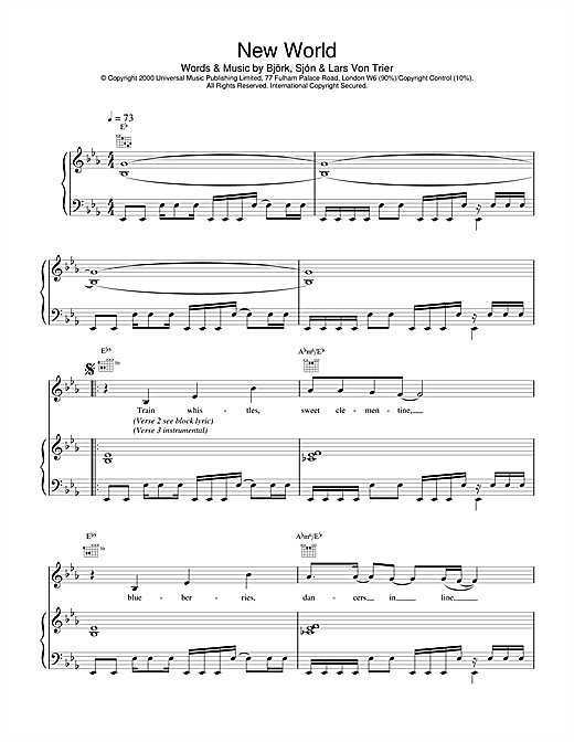 Preview Bjork New World (from Dancer In The Dark) Pop sheet music, notes and chords for Piano, Vocal & Guitar, SKU: 18010 sheet music, piano notes, chords, guitar tabs, score, transpose, transcribe, how to play, guide, download, learn, tutorial, progression, song, artist, awards, billboard, mtv, vh1, tour, single, album, release