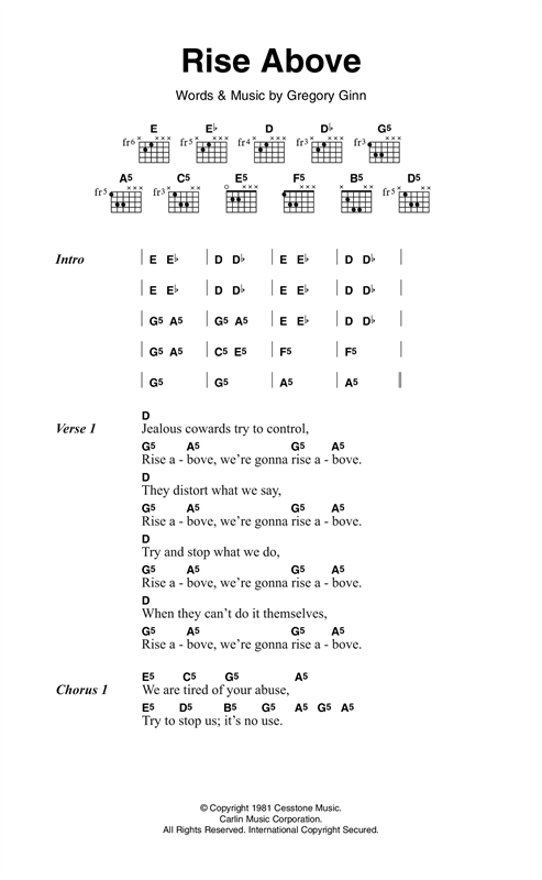 Preview Black Flag Rise Above Rock sheet music, notes and chords for Lyrics & Chords, SKU: 120872 sheet music, piano notes, chords, guitar tabs, score, transpose, transcribe, how to play, guide, download, learn, tutorial, progression, song, artist, awards, billboard, mtv, vh1, tour, single, album, release