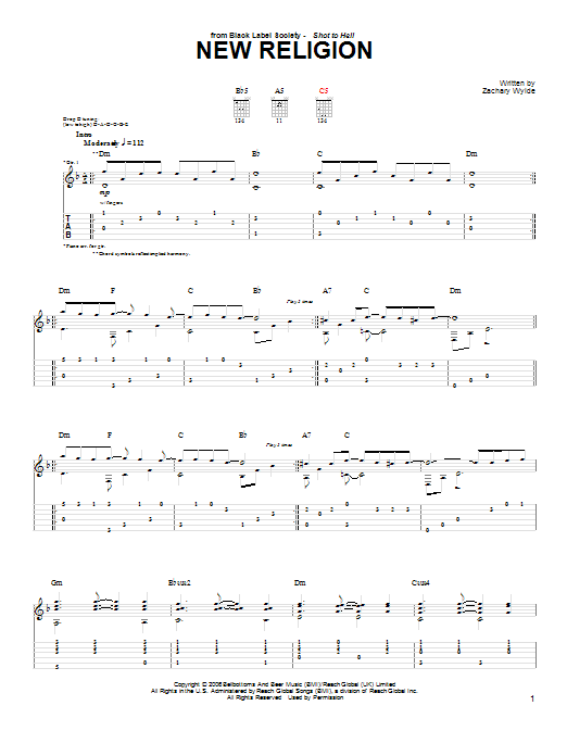 Black Label Society 'New Religion' Sheet Music Notes, Chords | Download Printable Guitar Tab - SKU: 65056