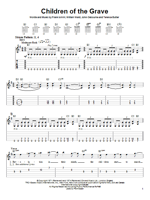 Download Black Sabbath Children Of The Grave sheet music and printable PDF score & Pop music notes