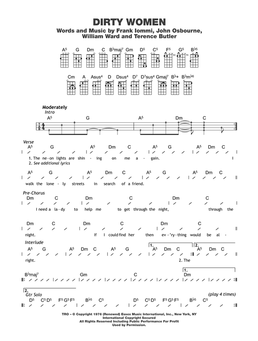 Preview Black Sabbath Dirty Women Rock sheet music, notes and chords for Ukulele with strumming patterns, SKU: 122694 sheet music, piano notes, chords, guitar tabs, score, transpose, transcribe, how to play, guide, download, learn, tutorial, progression, song, artist, awards, billboard, mtv, vh1, tour, single, album, release