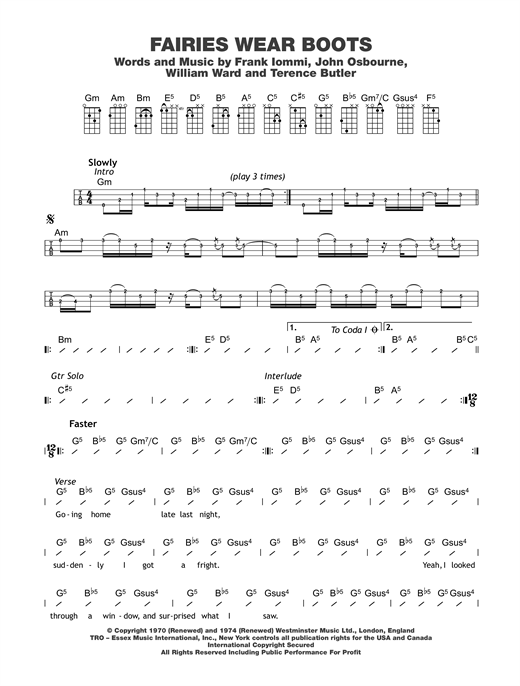 Preview Black Sabbath Fairies Wear Boots Rock sheet music, notes and chords for Ukulele with strumming patterns, SKU: 122696 sheet music, piano notes, chords, guitar tabs, score, transpose, transcribe, how to play, guide, download, learn, tutorial, progression, song, artist, awards, billboard, mtv, vh1, tour, single, album, release