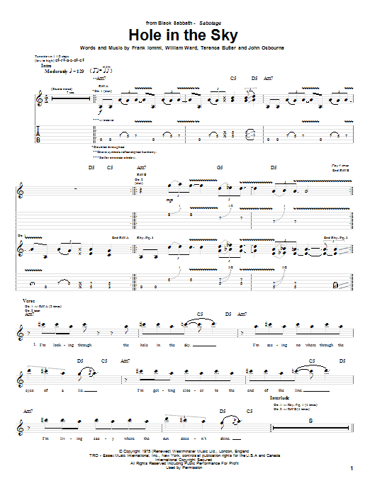 Preview Black Sabbath Hole In The Sky Rock sheet music, notes and chords for Guitar Tab, SKU: 62719 Download Black Sabbath Hole In The Sky sheet music and printable PDF score & Rock music notes