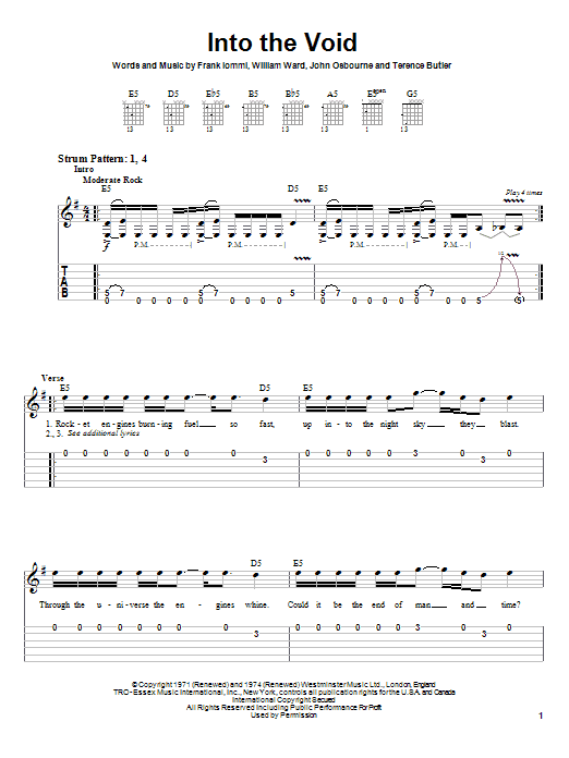 Preview Black Sabbath Into The Void Rock sheet music, notes and chords for Guitar Tab, SKU: 62715 Download Black Sabbath Into The Void sheet music and printable PDF score & Rock music notes
