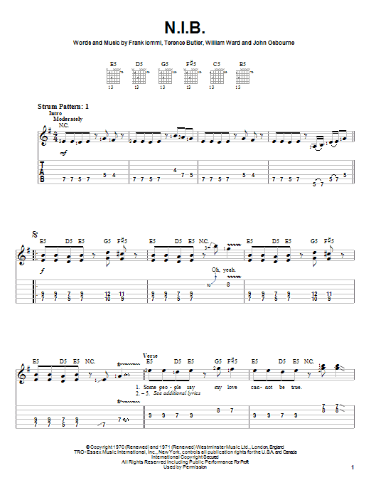 Preview Black Sabbath N.I.B. Rock sheet music, notes and chords for Guitar Tab, SKU: 62722 sheet music, piano notes, chords, guitar tabs, score, transpose, transcribe, how to play, guide, download, learn, tutorial, progression, song, artist, awards, billboard, mtv, vh1, tour, single, album, release