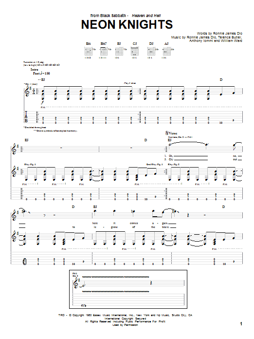 Preview Black Sabbath Neon Knights Pop sheet music, notes and chords for Guitar Tab, SKU: 62727 Download Black Sabbath Neon Knights sheet music and printable PDF score & Pop music notes