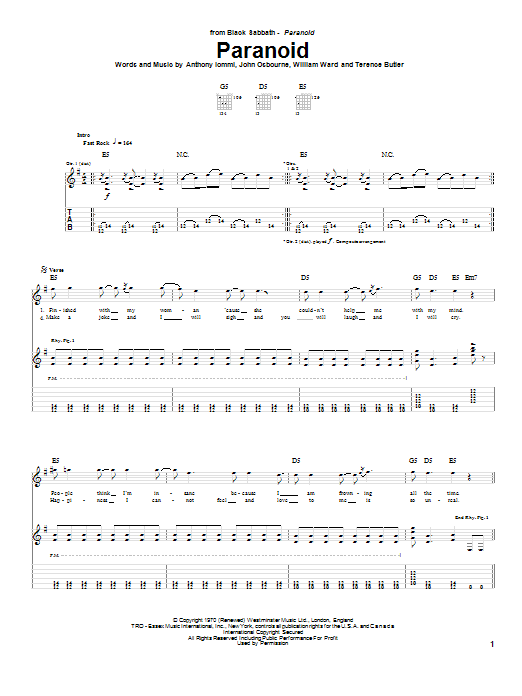 Download Black Sabbath Paranoid sheet music and printable PDF score & Pop music notes