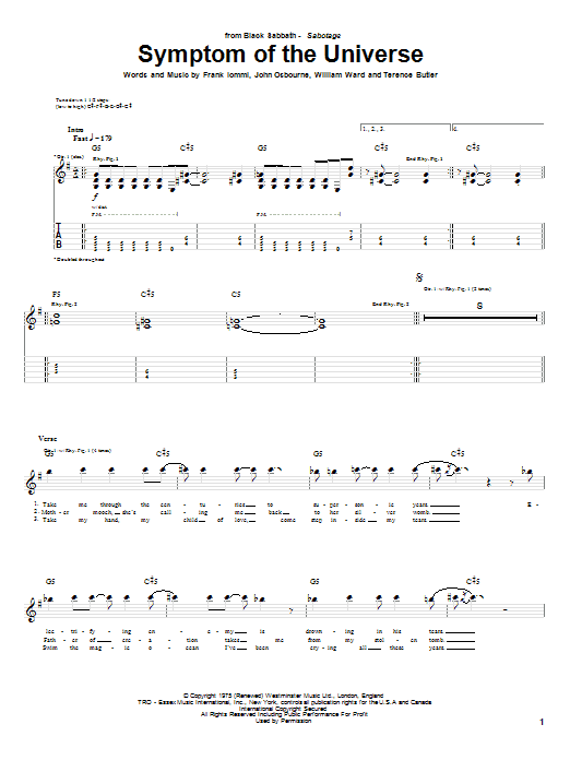 Preview Black Sabbath Symptom Of The Universe Rock sheet music, notes and chords for Guitar Tab, SKU: 62718 sheet music, piano notes, chords, guitar tabs, score, transpose, transcribe, how to play, guide, download, learn, tutorial, progression, song, artist, awards, billboard, mtv, vh1, tour, single, album, release