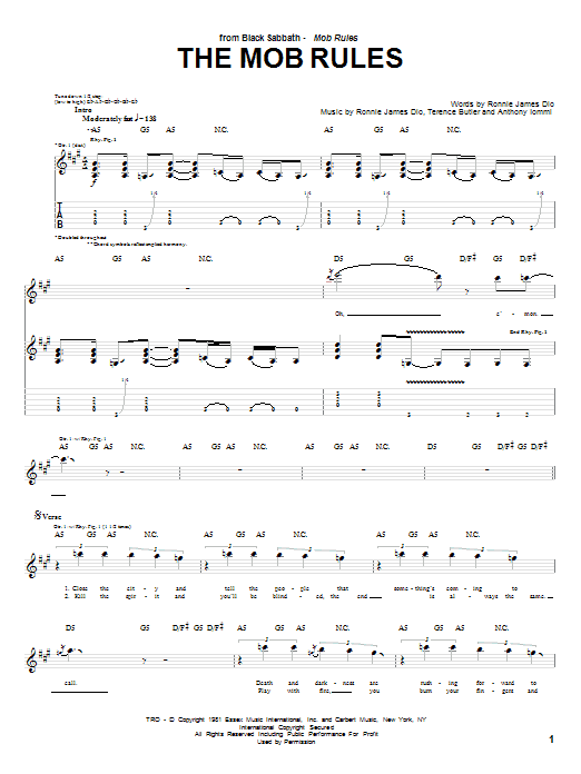 Preview Black Sabbath The Mob Rules Pop sheet music, notes and chords for Guitar Tab, SKU: 62720 Download Black Sabbath The Mob Rules sheet music and printable PDF score & Pop music notes