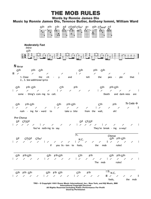 Preview Black Sabbath The Mob Rules Rock sheet music, notes and chords for Ukulele with strumming patterns, SKU: 122700 sheet music, piano notes, chords, guitar tabs, score, transpose, transcribe, how to play, guide, download, learn, tutorial, progression, song, artist, awards, billboard, mtv, vh1, tour, single, album, release