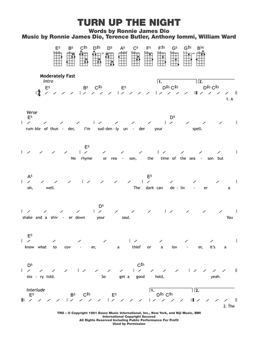 Preview Black Sabbath Turn Up The Night Rock sheet music, notes and chords for Ukulele with strumming patterns, SKU: 122712 sheet music, piano notes, chords, guitar tabs, score, transpose, transcribe, how to play, guide, download, learn, tutorial, progression, song, artist, awards, billboard, mtv, vh1, tour, single, album, release