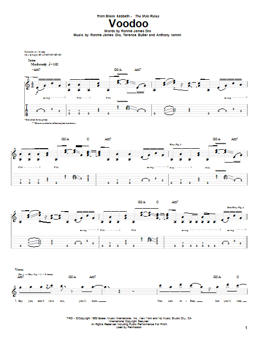 Preview Black Sabbath Voodoo Rock sheet music, notes and chords for Guitar Tab, SKU: 62717 sheet music, piano notes, chords, guitar tabs, score, transpose, transcribe, how to play, guide, download, learn, tutorial, progression, song, artist, awards, billboard, mtv, vh1, tour, single, album, release