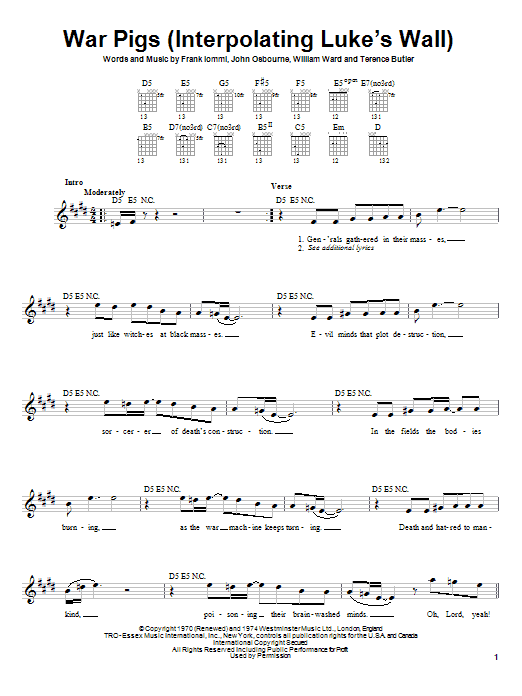 Preview Black Sabbath War Pigs (Interpolating Luke's Wall) Pop sheet music, notes and chords for Guitar Tab, SKU: 62723 Download Black Sabbath War Pigs (Interpolating Luke's Wall) sheet music and printable PDF score & Pop music notes