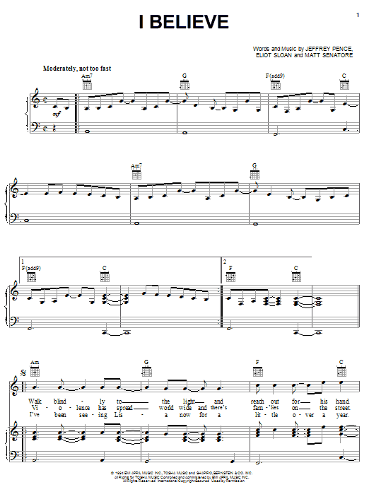 Preview Blessid Union Of Souls I Believe R & B sheet music, notes and chords for Piano, Vocal & Guitar (Right-Hand Melody), SKU: 21722 Download Blessid Union Of Souls I Believe sheet music and printable PDF score & R & B music notes