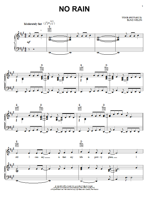 Preview Blind Melon No Rain Rock sheet music, notes and chords for Guitar Tab Play-Along, SKU: 62387 sheet music, piano notes, chords, guitar tabs, score, transpose, transcribe, how to play, guide, download, learn, tutorial, progression, song, artist, awards, billboard, mtv, vh1, tour, single, album, release
