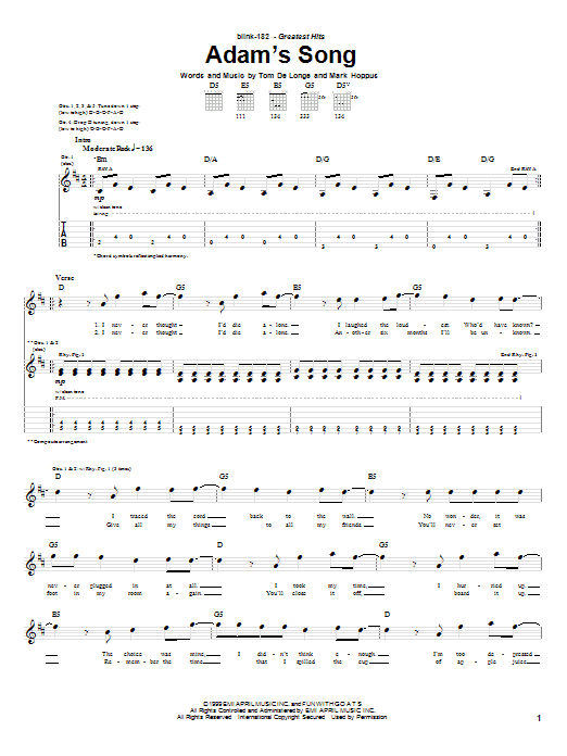 Preview Blink-182 Adam's Song Pop sheet music, notes and chords for Easy Guitar Tab, SKU: 69898 Download Blink-182 Adam's Song sheet music and printable PDF score & Pop music notes
