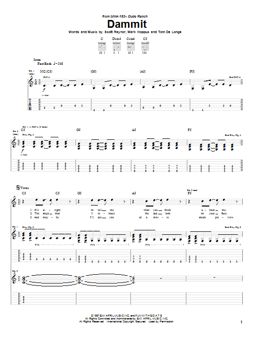 Download Blink-182 Dammit sheet music and printable PDF score & Pop music notes