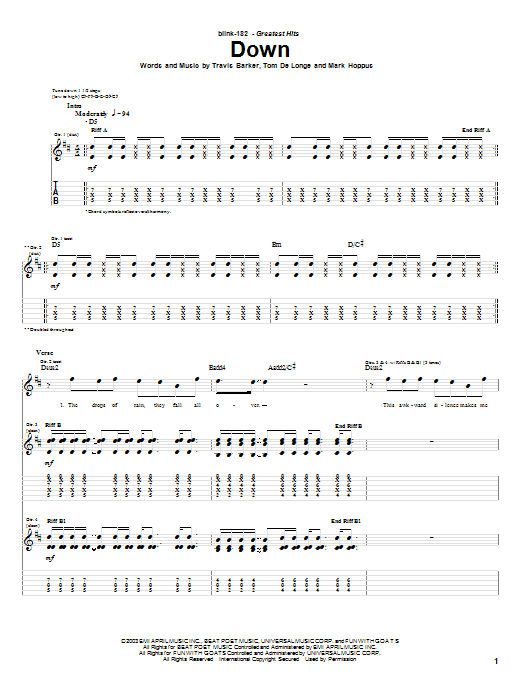 Preview Blink-182 Down Pop sheet music, notes and chords for Easy Guitar Tab, SKU: 69926 Download Blink-182 Down sheet music and printable PDF score & Pop music notes