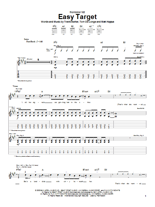 Preview Blink-182 Easy Target Rock sheet music, notes and chords for Guitar Tab, SKU: 26308 Download Blink-182 Easy Target sheet music and printable PDF score & Rock music notes