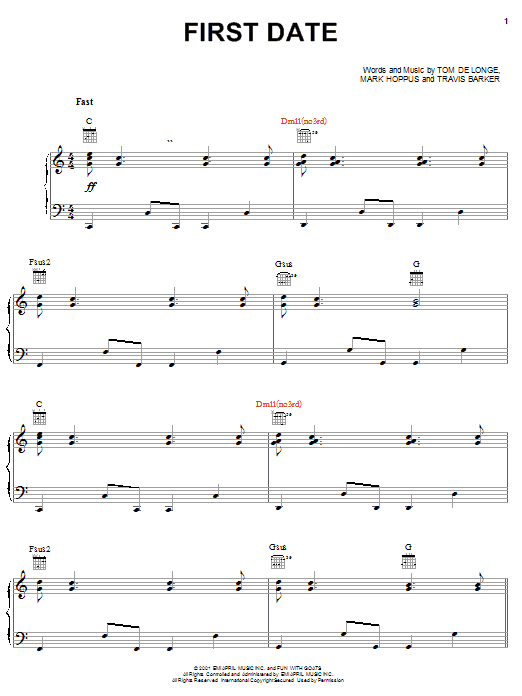 Preview Blink-182 First Date Pop sheet music, notes and chords for Piano, Vocal & Guitar (Right-Hand Melody), SKU: 21492 sheet music, piano notes, chords, guitar tabs, score, transpose, transcribe, how to play, guide, download, learn, tutorial, progression, song, artist, awards, billboard, mtv, vh1, tour, single, album, release
