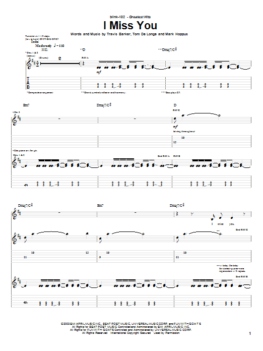 Download Blink-182 I Miss You sheet music and printable PDF score & Rock music notes