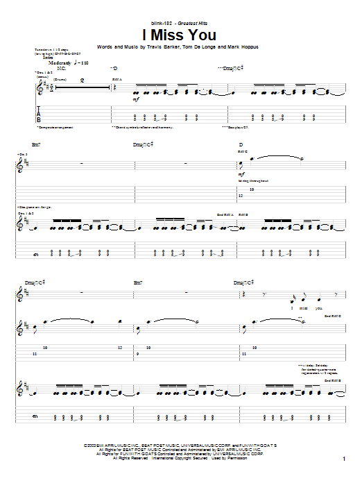 Preview Blink-182 I Miss You Rock sheet music, notes and chords for Lyrics & Chords, SKU: 48130 sheet music, piano notes, chords, guitar tabs, score, transpose, transcribe, how to play, guide, download, learn, tutorial, progression, song, artist, awards, billboard, mtv, vh1, tour, single, album, release