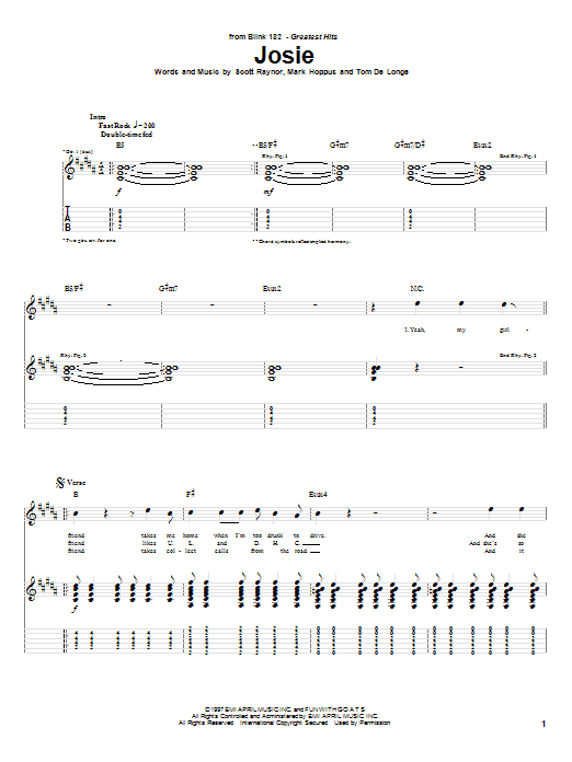 Preview Blink-182 Josie Pop sheet music, notes and chords for Easy Guitar Tab, SKU: 69899 Download Blink-182 Josie sheet music and printable PDF score & Pop music notes