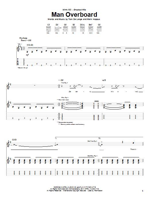 Preview Blink-182 Man Overboard Pop sheet music, notes and chords for Easy Guitar Tab, SKU: 69897 Download Blink-182 Man Overboard sheet music and printable PDF score & Pop music notes