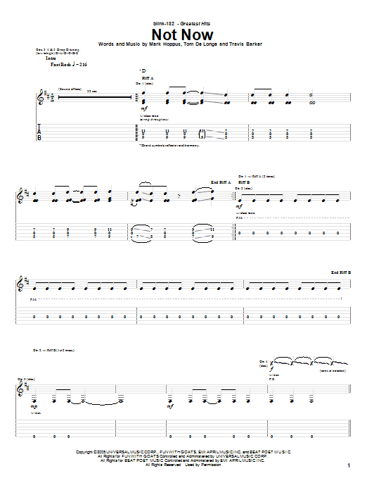Preview Blink-182 Not Now Pop sheet music, notes and chords for Easy Guitar Tab, SKU: 69902 Download Blink-182 Not Now sheet music and printable PDF score & Pop music notes