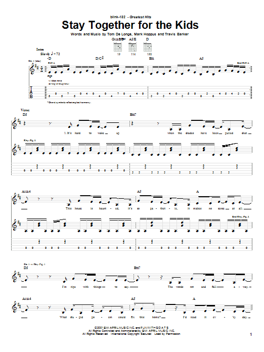 Preview Blink-182 Stay Together For The Kids Rock sheet music, notes and chords for Easy Guitar Tab, SKU: 69895 Download Blink-182 Stay Together For The Kids sheet music and printable PDF score & Rock music notes