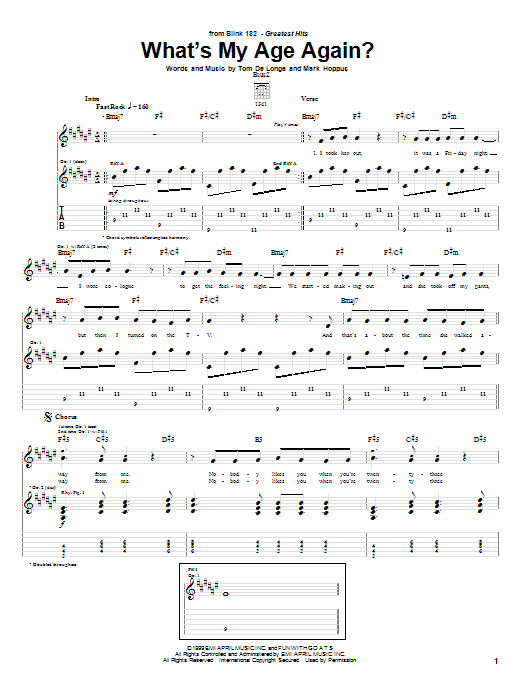 Preview Blink-182 What's My Age Again? Pop sheet music, notes and chords for Piano, Vocal & Guitar (Right-Hand Melody), SKU: 59082 sheet music, piano notes, chords, guitar tabs, score, transpose, transcribe, how to play, guide, download, learn, tutorial, progression, song, artist, awards, billboard, mtv, vh1, tour, single, album, release