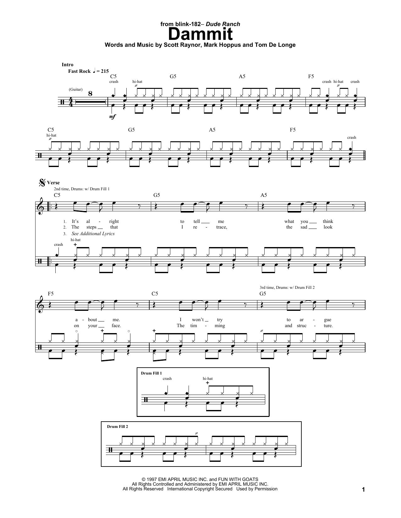 Preview Blink 182 Dammit Punk sheet music, notes and chords for Drums Transcription, SKU: 174827 sheet music, piano notes, chords, guitar tabs, score, transpose, transcribe, how to play, guide, download, learn, tutorial, progression, song, artist, awards, billboard, mtv, vh1, tour, single, album, release