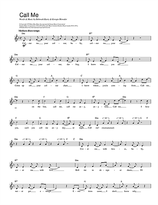 Download Blondie Call Me sheet music and printable PDF score & Rock music notes
