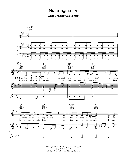 Preview Blondie No Imagination Rock sheet music, notes and chords for Piano, Vocal & Guitar, SKU: 108400 sheet music, piano notes, chords, guitar tabs, score, transpose, transcribe, how to play, guide, download, learn, tutorial, progression, song, artist, awards, billboard, mtv, vh1, tour, single, album, release