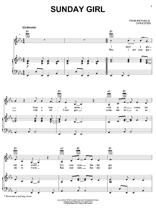 Preview Blondie Sunday Girl Rock sheet music, notes and chords for Lyrics & Chords, SKU: 47665 Download Blondie Sunday Girl sheet music and printable PDF score & Rock music notes