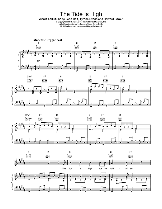 Preview Blondie The Tide Is High Pop sheet music, notes and chords for Lyrics Only, SKU: 23818 sheet music, piano notes, chords, guitar tabs, score, transpose, transcribe, how to play, guide, download, learn, tutorial, progression, song, artist, awards, billboard, mtv, vh1, tour, single, album, release