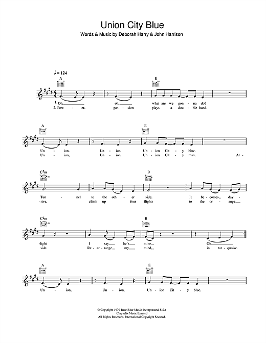 Download Blondie Union City Blue sheet music and printable PDF score & Rock music notes