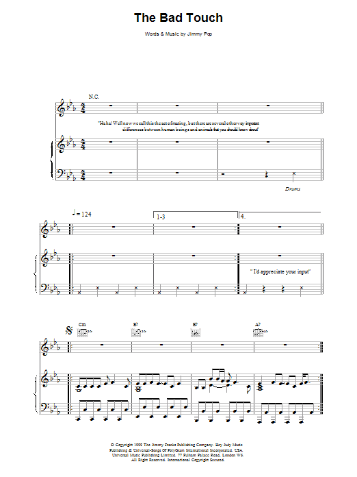 Download The Bloodhound Gang The Bad Touch sheet music and printable PDF score & Rock music notes