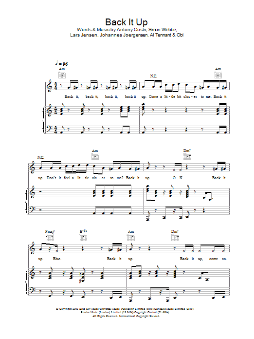 Preview Blue Back It Up Pop sheet music, notes and chords for Piano, Vocal & Guitar, SKU: 26138 Download Blue Back It Up sheet music and printable PDF score & Pop music notes