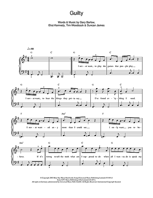 Preview Blue Guilty Pop sheet music, notes and chords for Piano, Vocal & Guitar, SKU: 25607 Download Blue Guilty sheet music and printable PDF score & Pop music notes