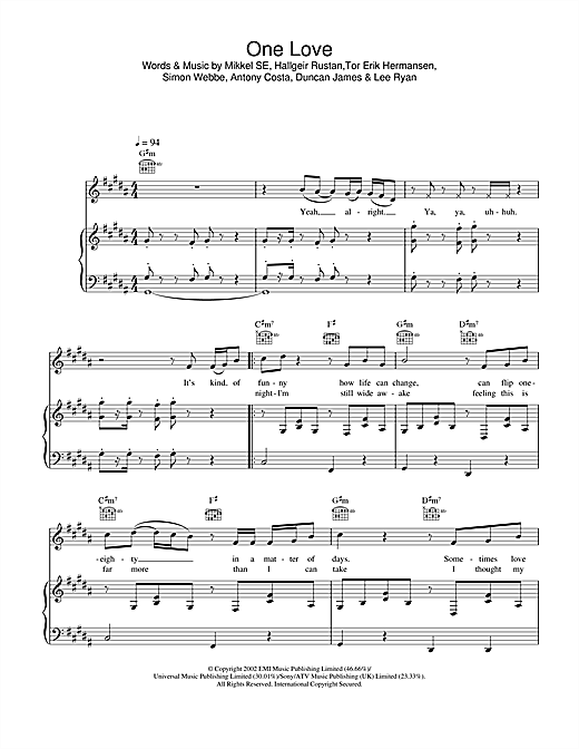 Preview Blue One Love Pop sheet music, notes and chords for Piano, Vocal & Guitar, SKU: 21965 sheet music, piano notes, chords, guitar tabs, score, transpose, transcribe, how to play, guide, download, learn, tutorial, progression, song, artist, awards, billboard, mtv, vh1, tour, single, album, release